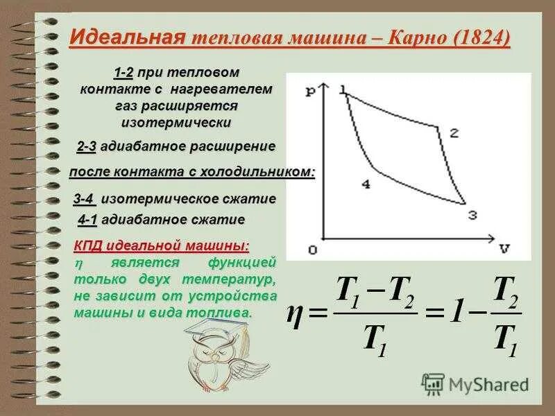 Формулы идеального теплового двигателя. Идеальная тепловая машина цикл Карно. КПД тепловых машин цикл Карно. Цикл Карно газа. КПД идеальной машины Карно.