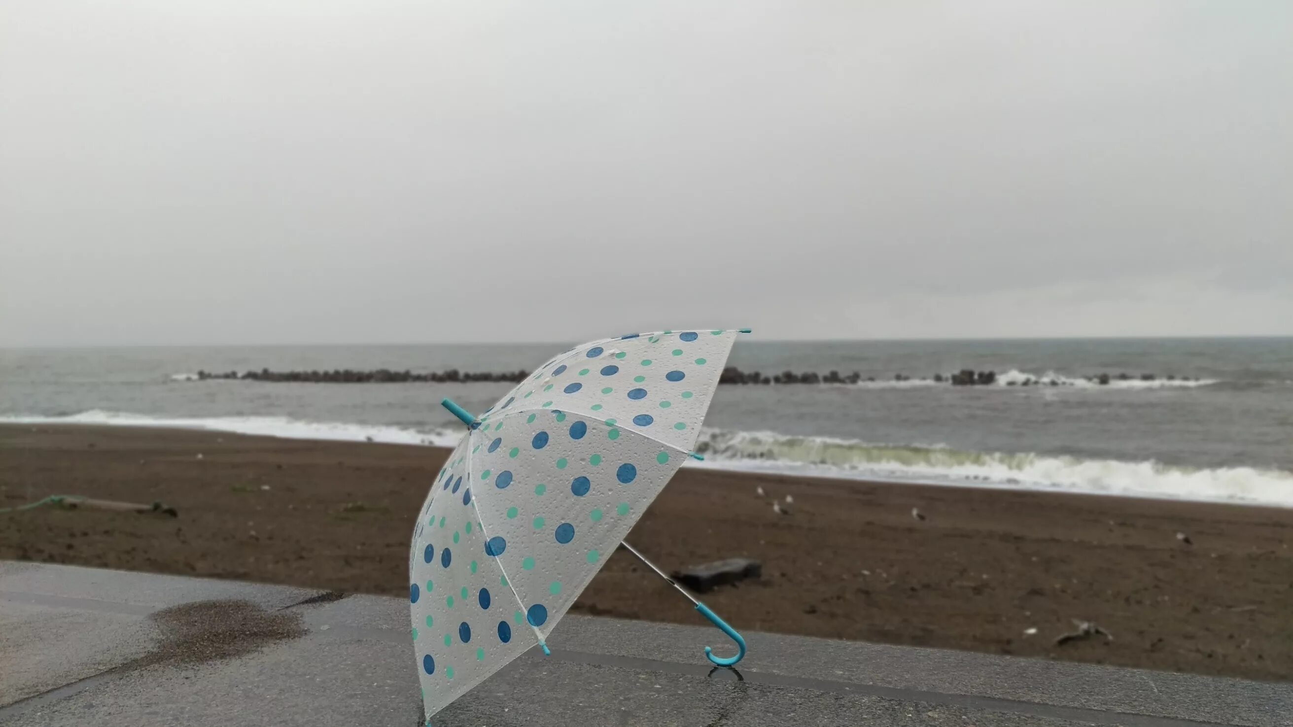 Зонт для пляжа. Дождь на пляже. Дождь на море. Пляж в дождливую погоду.