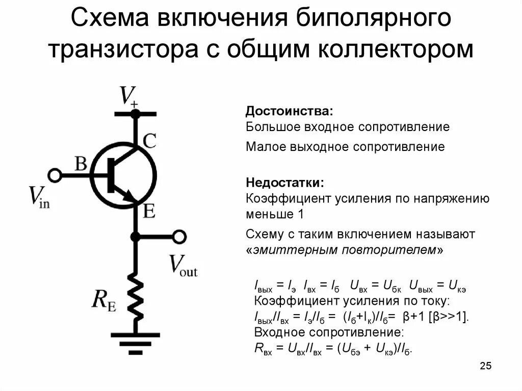 Схема включения биполярного транзистора с общим. Схема включения биполярного транзистора с общим коллектором. Схема включения транзистора с общим коллектором. Схемы включения биполярных транзисторов. Работа биполярного транзистора в схеме с общим коллектором.