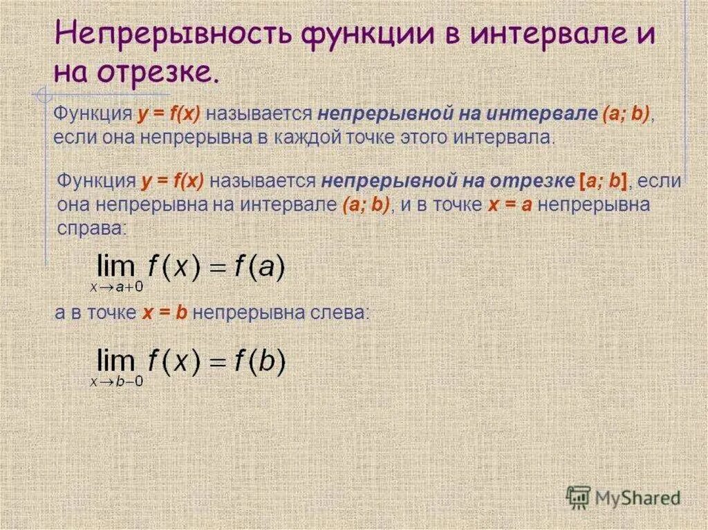 Виды непрерывности. Определение функции непрерывной на интервале. Понятие непрерывности функции на отрезке. Функция непрерывна на интервале. Определение непрерывной функции на промежутке.