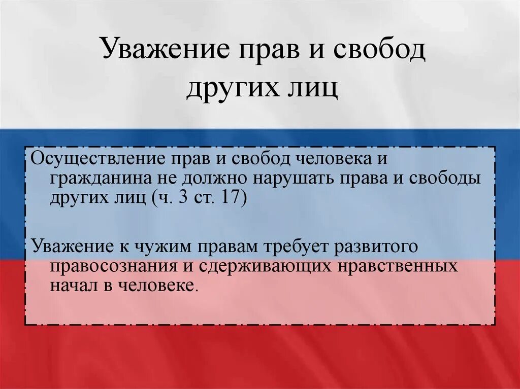 Уважение гражданина к своей стране. Уважение прав и свобод других лиц. Равенство прав и свобод человека.