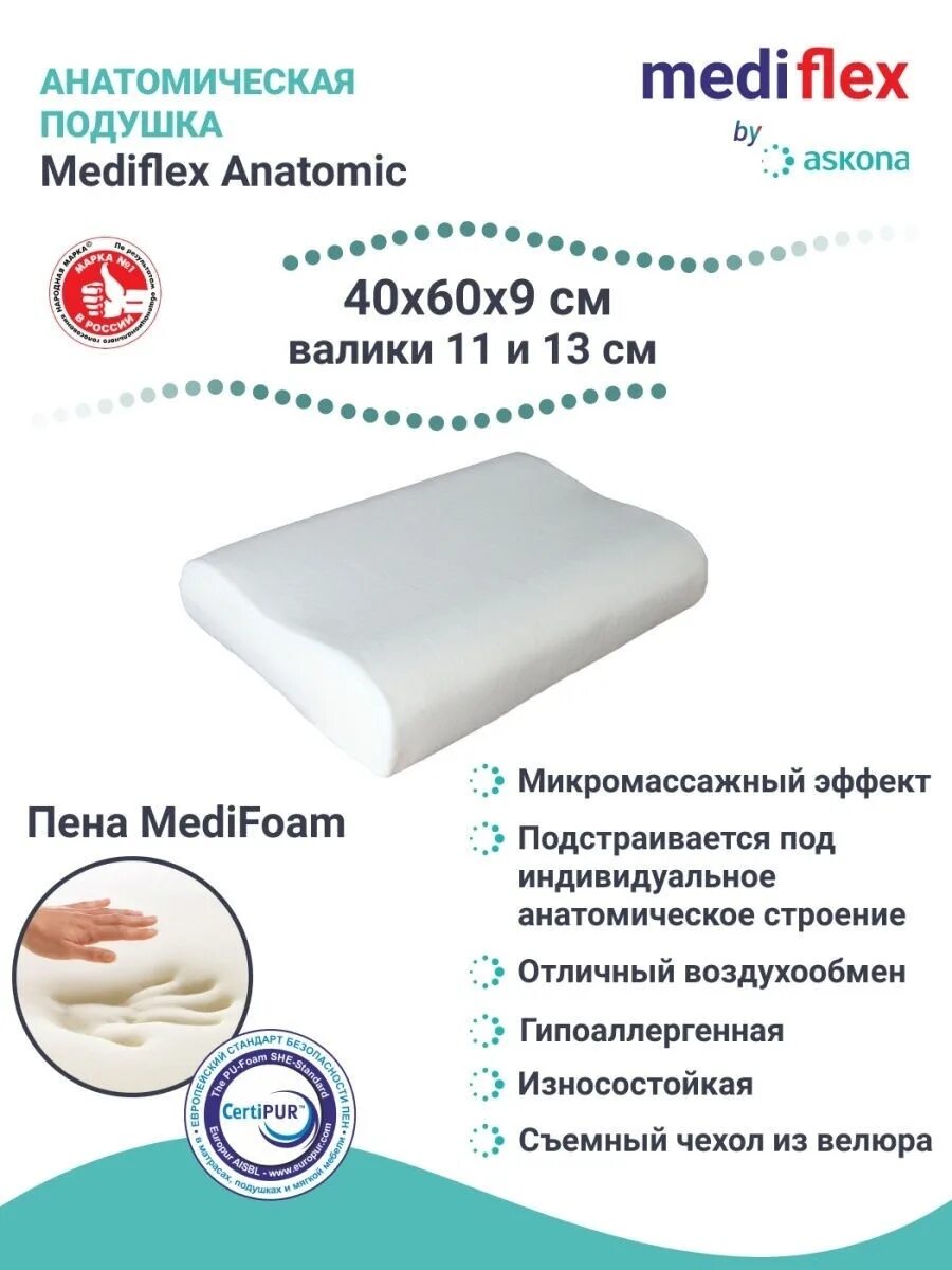 Подушка Mediflex Anatomic 40х60. Аскона Медифлекс Анатомик подушка. Анатомическая подушка с эффектом памяти Аскона. Подушка Анатомик Аскона 60х40×9/11.