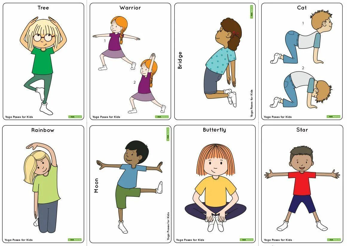 Упражнение день ночь. Карточки йоги для детей. Карточки по йоге для детей. Йога для детей дошкольного возраста упражнения. Карточки с позами йоги для детей.