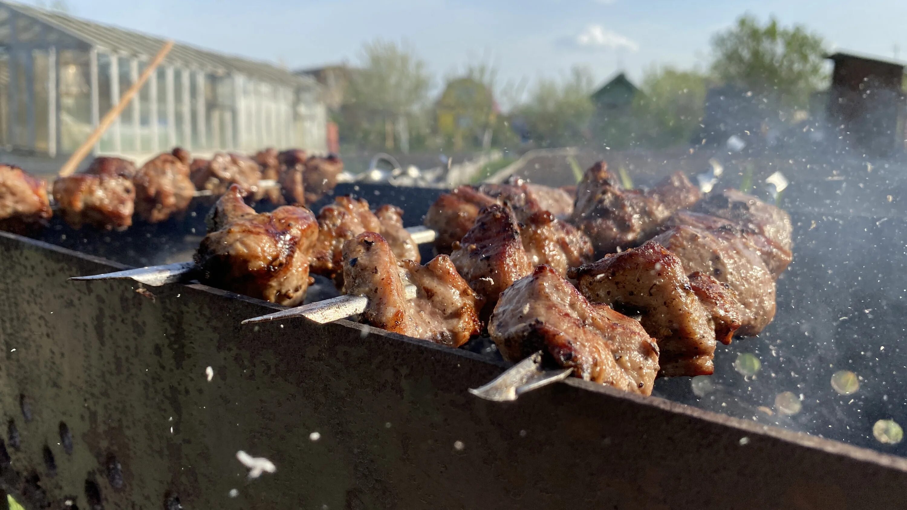 Шашлыки в парках. Жарим шашлык. Шашлык на огне. Майские шашлыки.