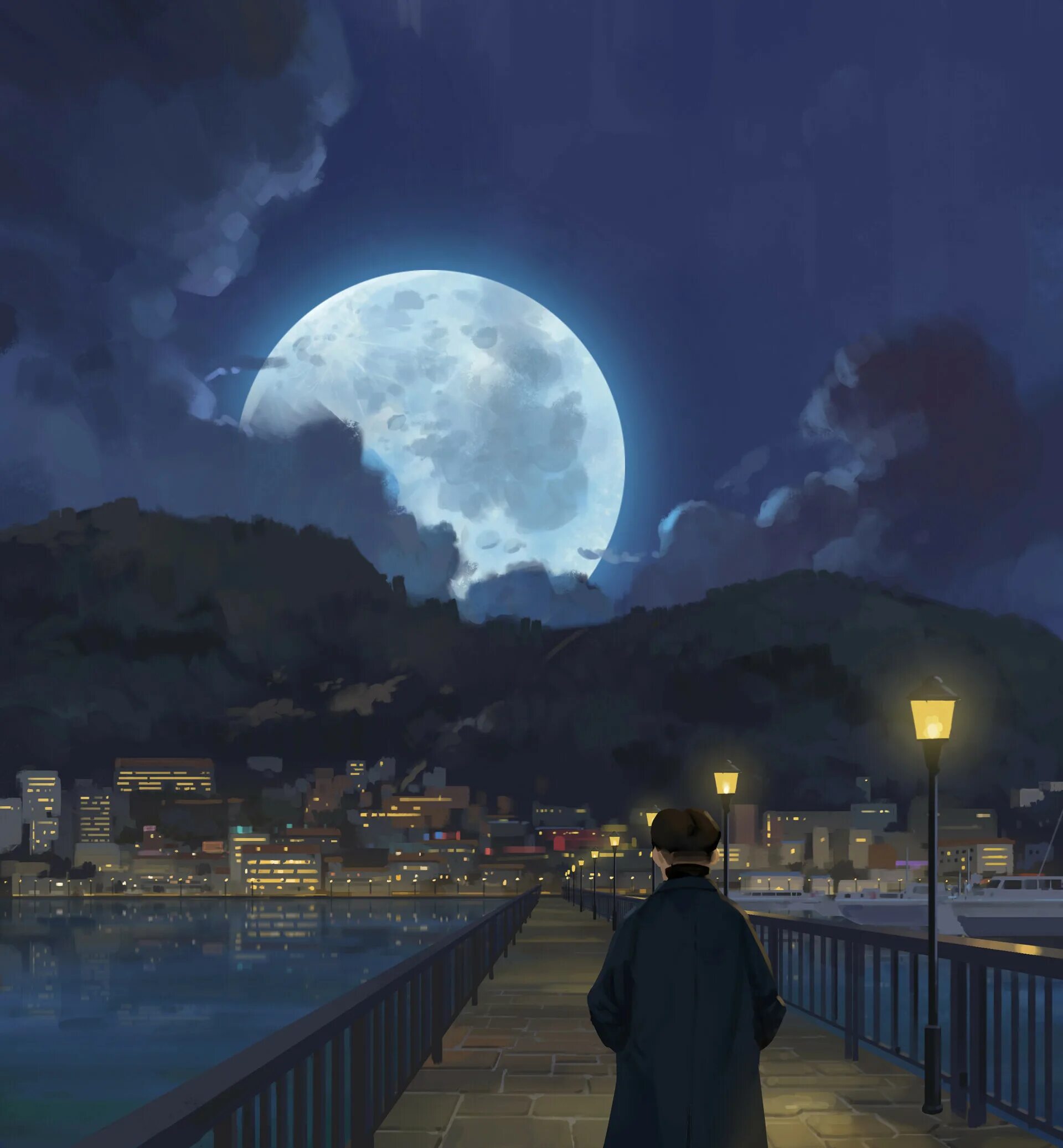 Летняя ночь. Темный пейзаж. Ночной город с луной. Wiwo ночь. Красивая ночь.