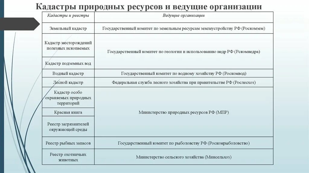 Кадастры природных ресурсов таблица. Виды природных кадастров. Государственных кадастров природных ресурсов. Кадастры и реестры природных ресурсов таблица. Виды государственных природных ресурсов