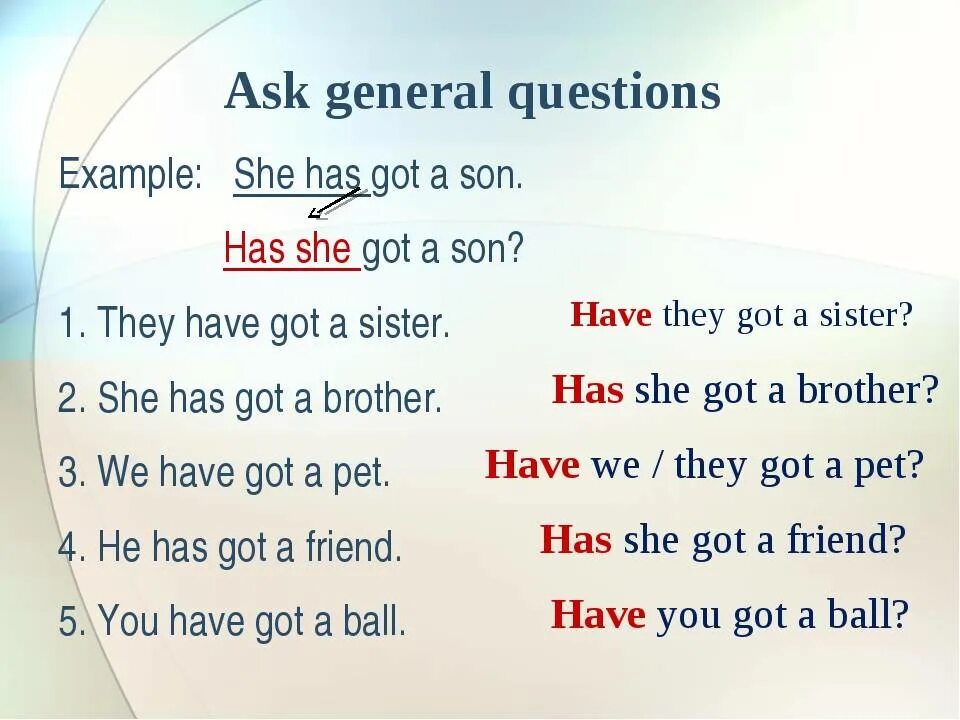 She a lot of questions. General вопрос в английском языке. Как составить вопрос с have got. General questions примеры. Have got has got вопросы.