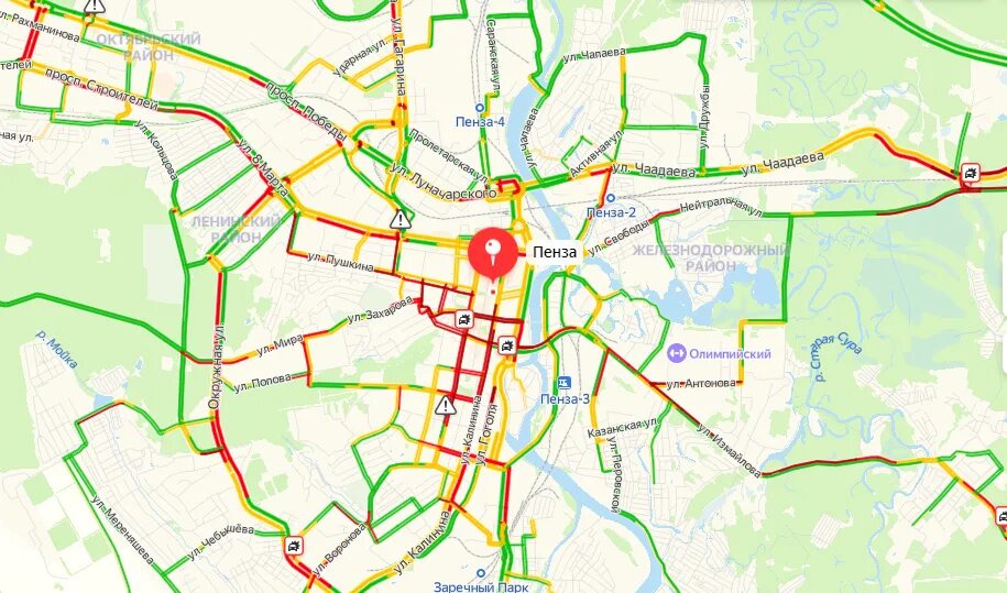 Какой район г пенза улица. Карта пробок в Пензе. Пенза пробки. Пенза на карте.