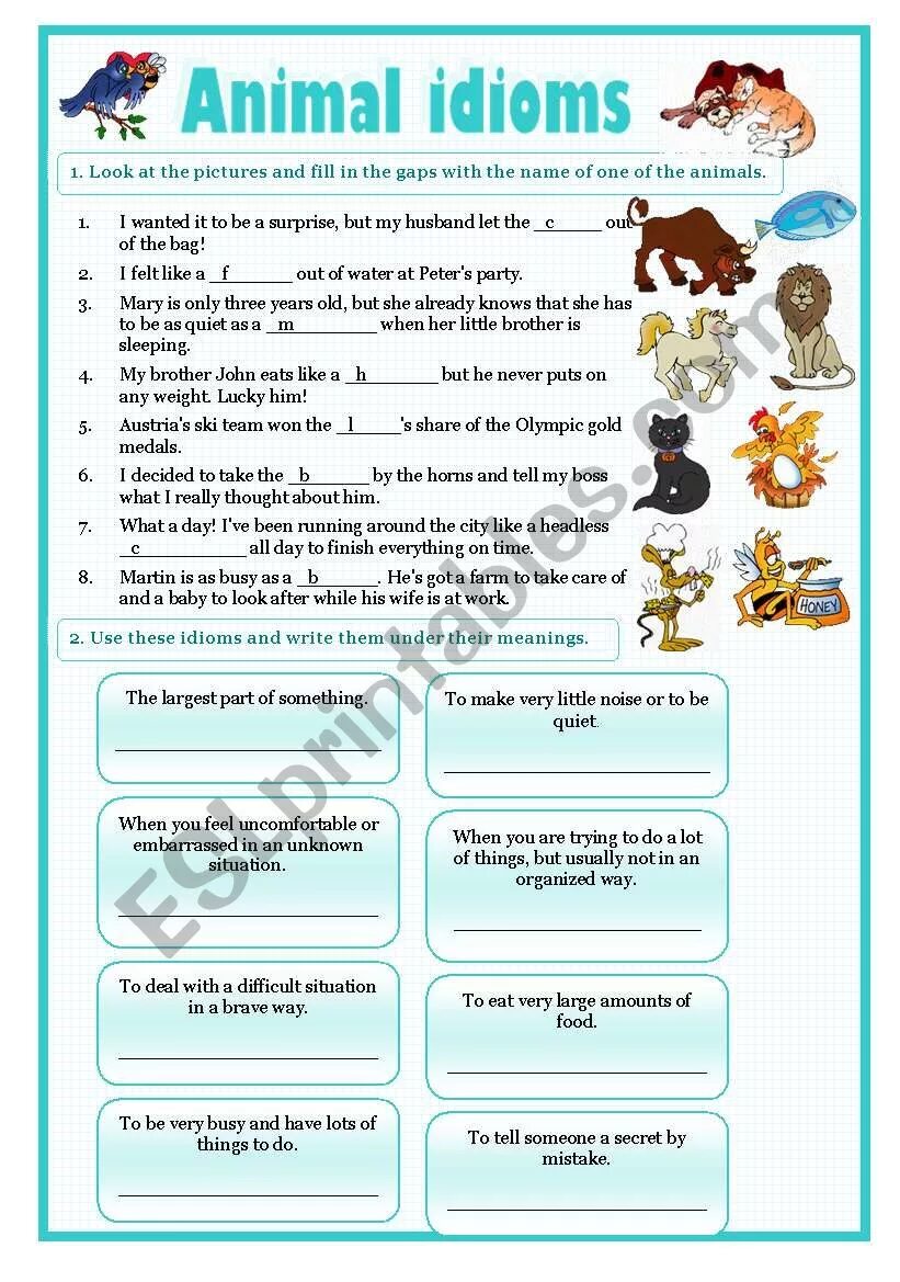 Complete the sentences an animal. Animal idioms Worksheets. Idioms related to animals. Idioms with animals Worksheets. Idioms about animals.