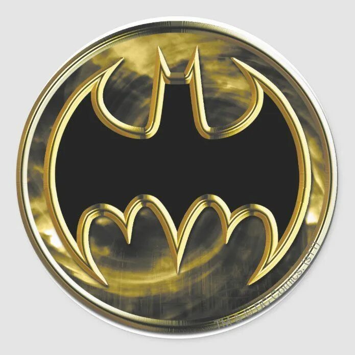 Логотип Бэтмена. Batman Gold. Gold symbol. Символ Бэтмен круглая наклейка.