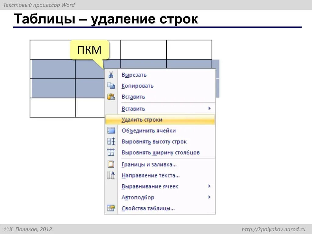 Как убрать строку в таблице в ворде