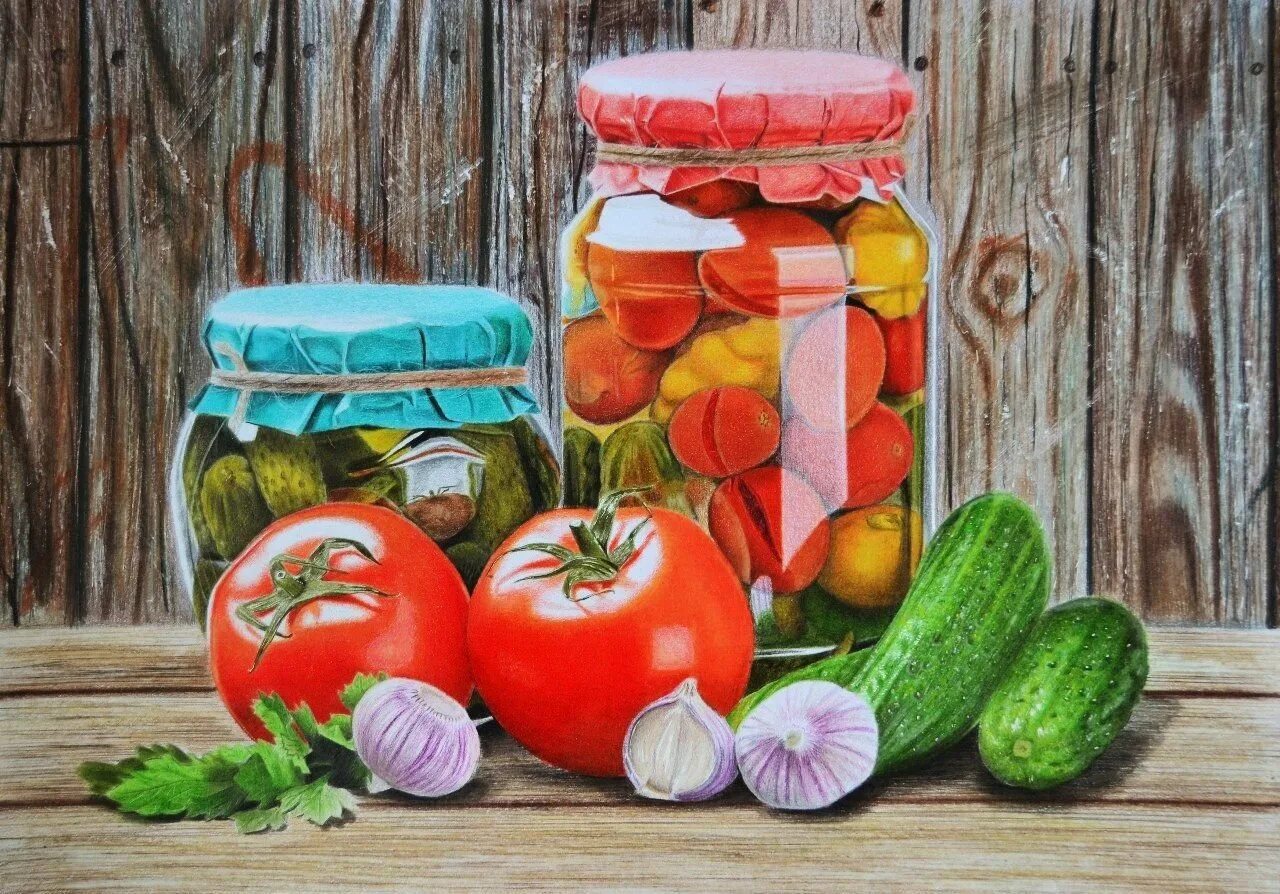 Любовь помидоры огурцы. Осенние заготовки. Натюрморт с овощами. Консервация овощей.