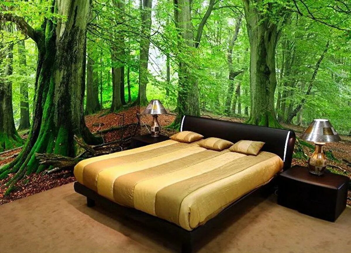 Фотообои в спальню. Фотообои 3д. Красивые фотообои в спальню. Комната в стиле природы. Обои на стену лес