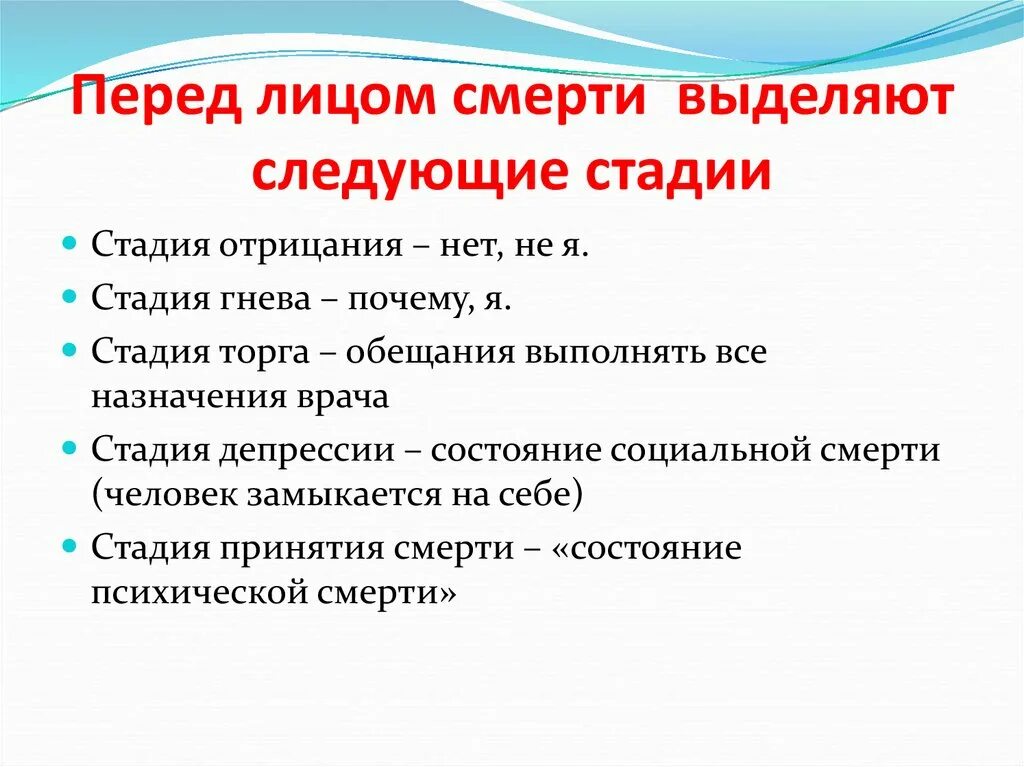 Выделяют следующие этапы 1. Человек перед лицом смерти. Четыре стадии смерти. Стадии смерти человека.