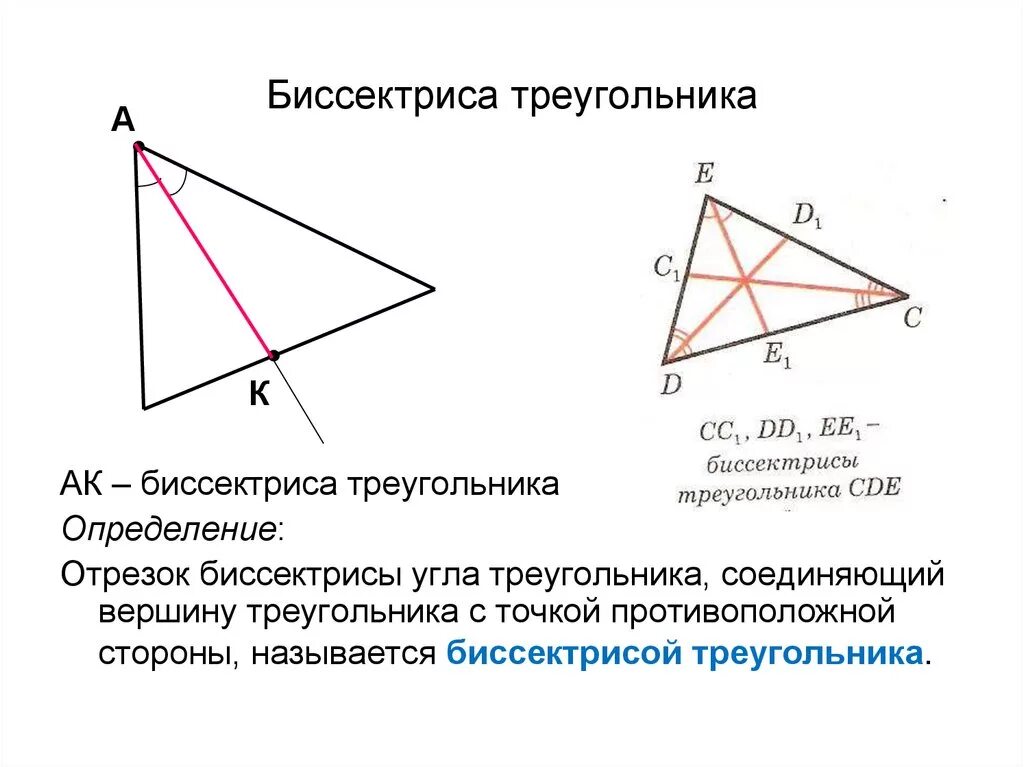 Класс найти длину биссектрисы треугольника. Биссектриса треугольника. Определение Медианы биссектрисы и высоты треугольника. Что такое биссектриса треугольника в геометрии. Биссектриса треугольника (определение, чертеж, свойство).