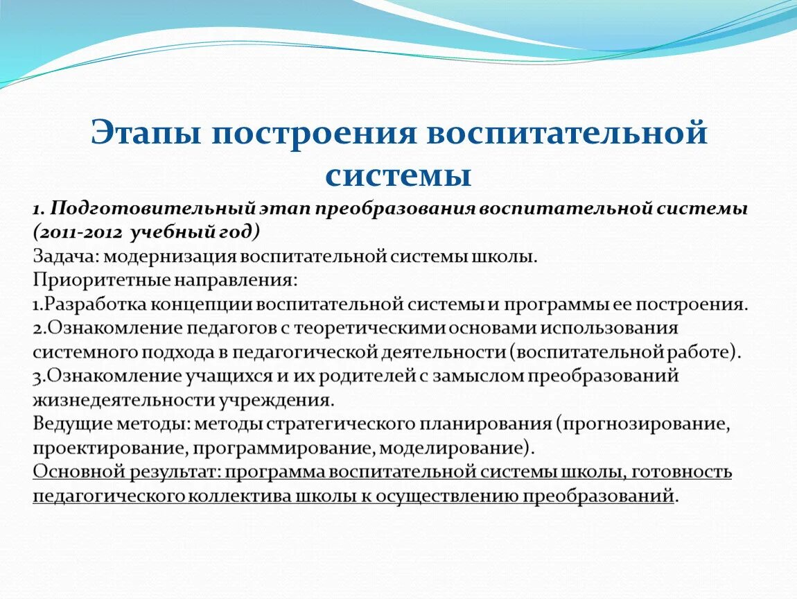 Этапы построения воспитательной системы. Воспитательная работа результат деятельности. Этапы воспитательной работы. Метод осуществления воспитательной процесса.