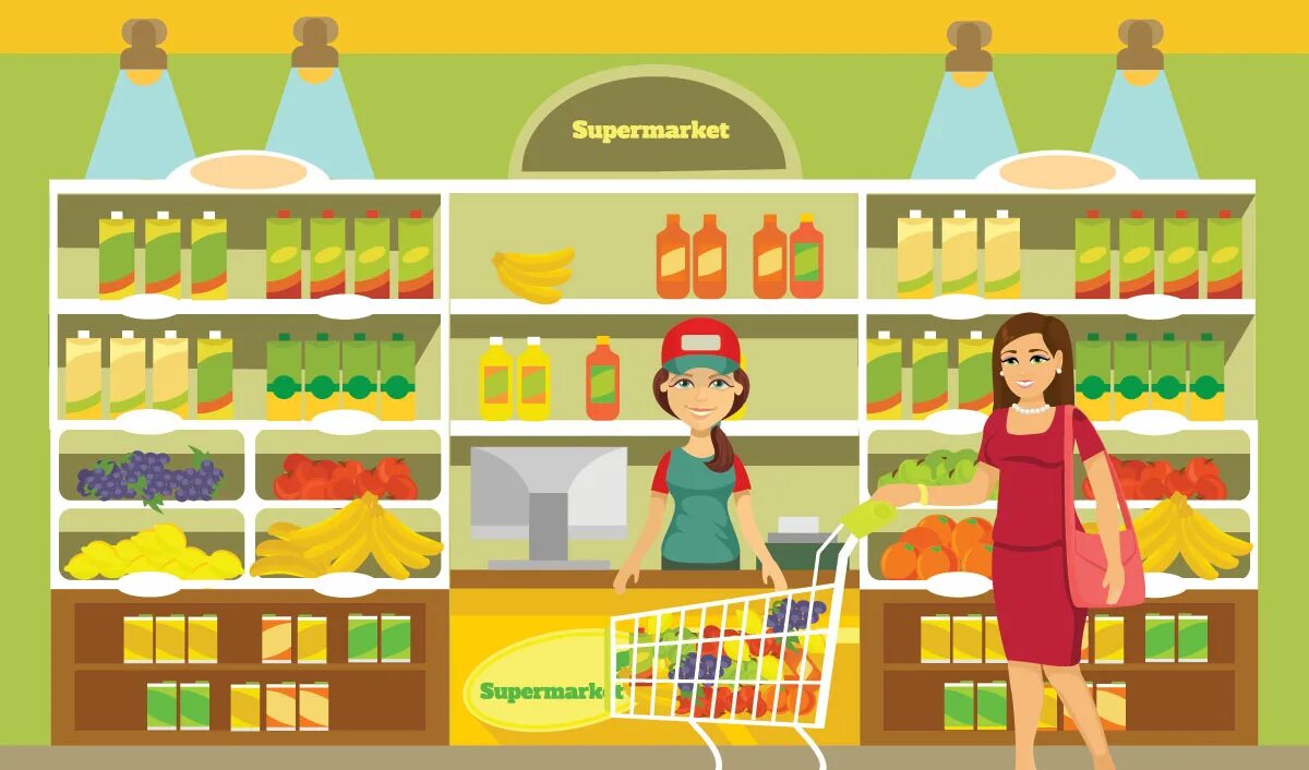 ребенок в тележке супермаркета.