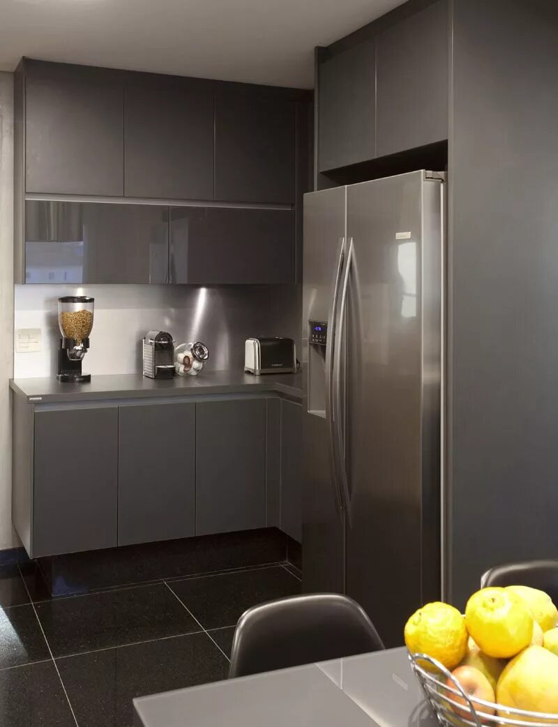 Small kitchen (like mine!). Love the wood floors, white cabinets and stainless a