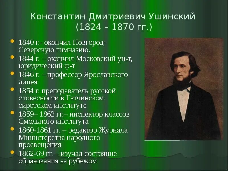 К. Д. Ушинский (1824-1871). К. Д. Ушинский (1824–1870).