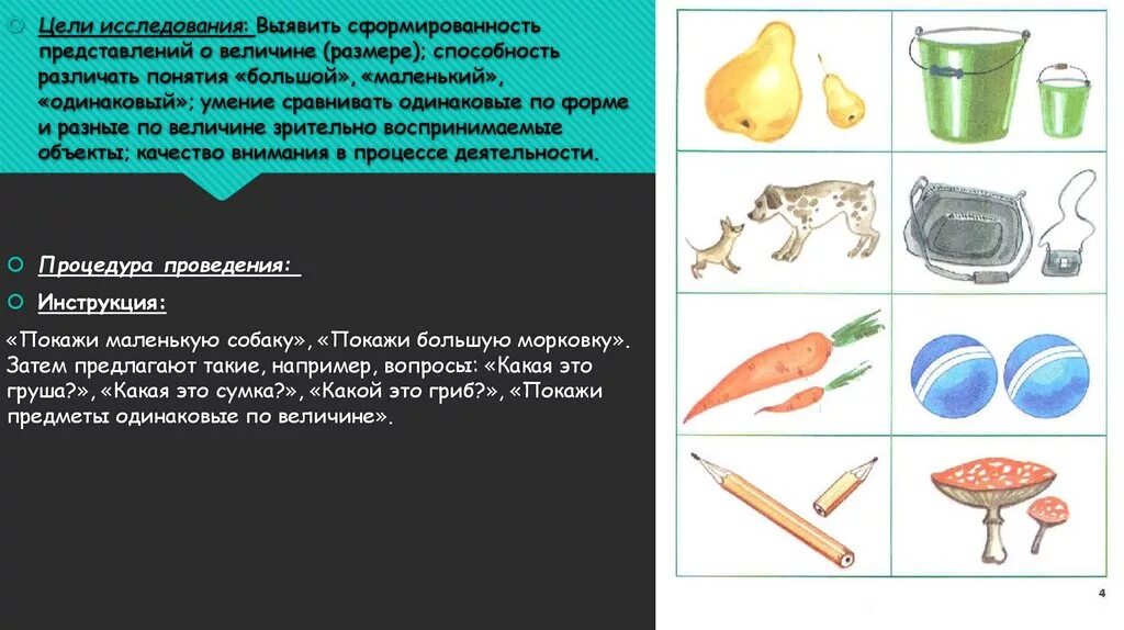 Отличить предметы. Исследование представлений о величине предметов.. Способность различения. Представление о величине предметов - большой, маленький приёмы. Предметы с одинаковыми названиями.