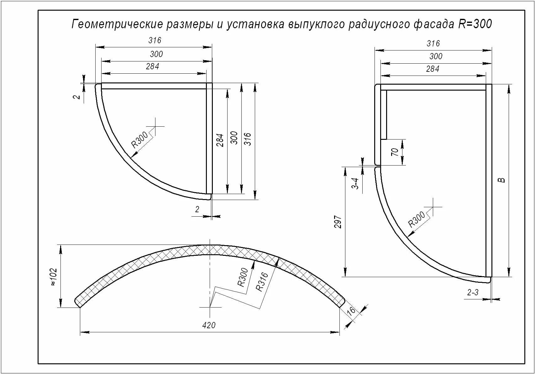 Размер полукруга. Хорда радиусного фасада. Радиусный фасад r300. Хорда радиусных фасадов r300. Радиусный фасад r300 хорда 424 мм схема.