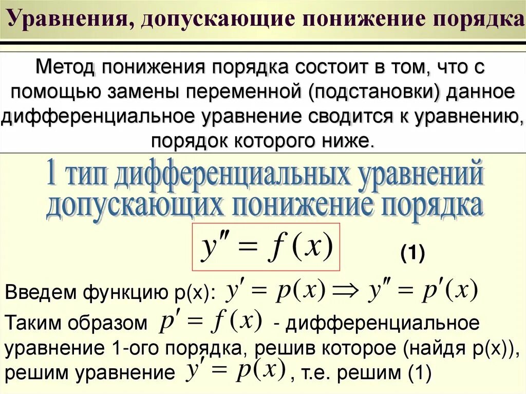 Понижение порядка дифференциального уравнения. Метод понижения порядка дифференциального уравнения. Уравнения, допускающие понижения порядка. Метод решения.. Решение дифференциальных уравнений с понижением порядка.