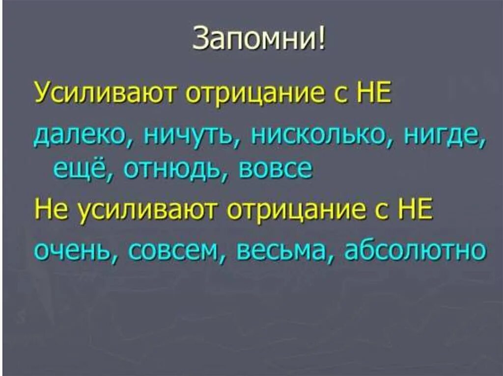 Ни утверждение. Слова отнюдь не вовсе не далеко не. Слова усиливающие отрицание. Сова усиливающие отрицание. Слова усиливающие отрицание с не.