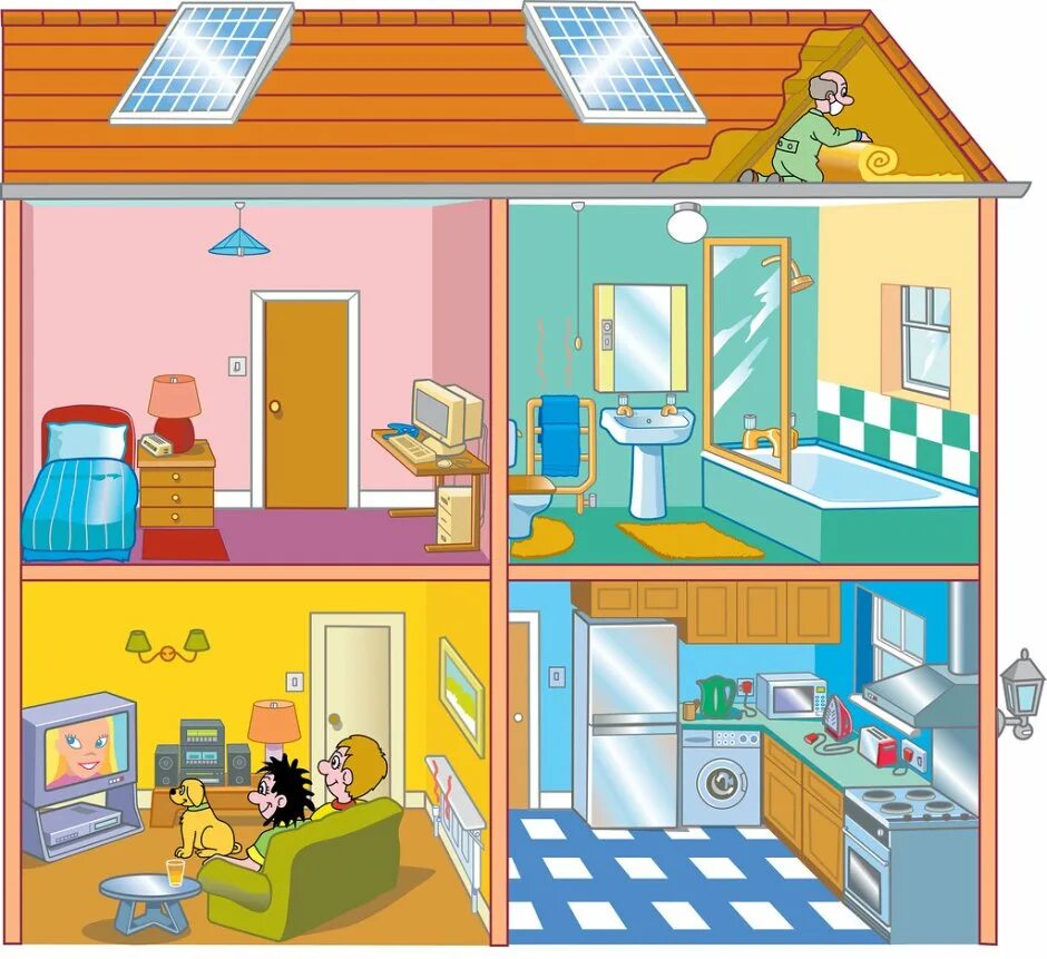 Дом с комнатами для детей. My house. Different rooms. Different rooms. Интерьер спальни.