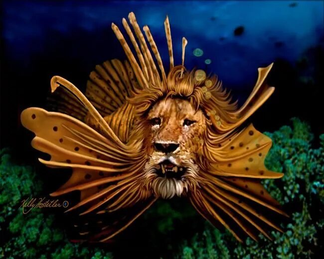 Рыба со львом. Рыба лев. Лев в отражении воды. Рыба со львом. Лайон фиш.