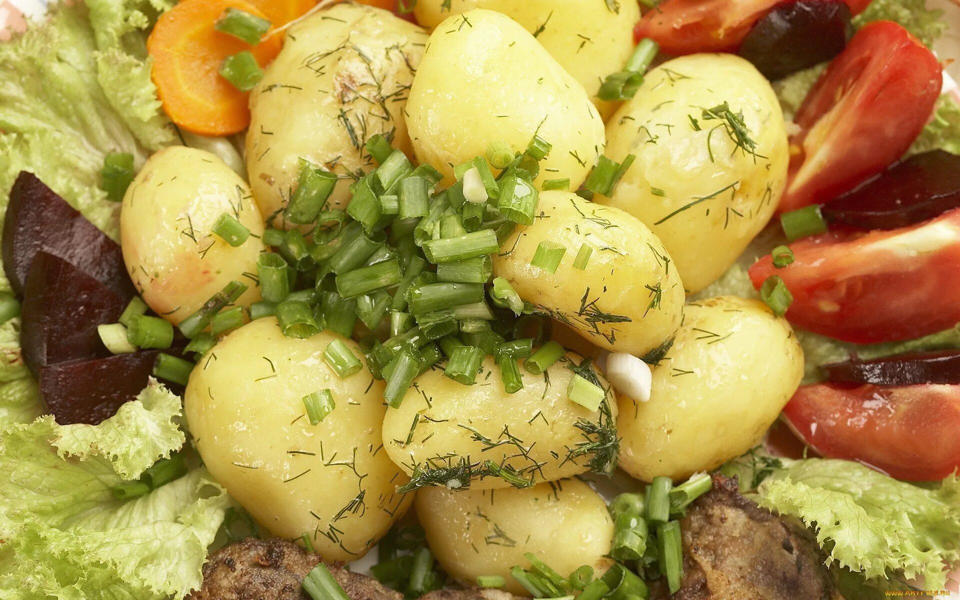 Блюдо с картошкой и овощами. Картошка с овощами. жареная картошка с овощным салатом. отварной картофель с овощами. картошка с зеленым луком.