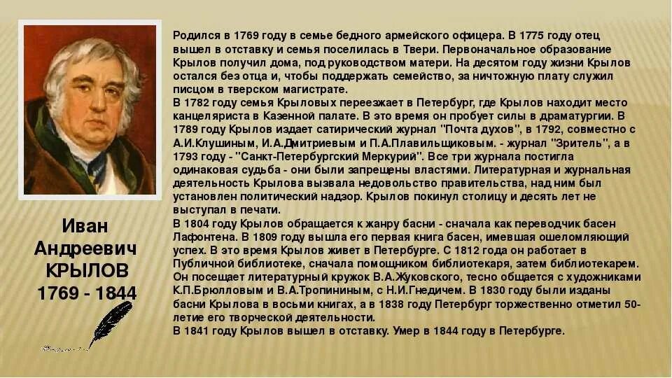 Доклад о Крылове 3 класс по литературе. Крылов биография.