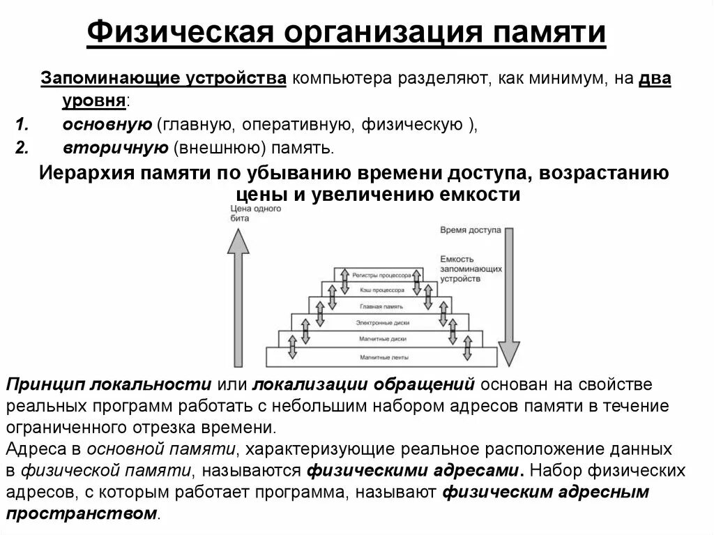 Принципы организации памяти компьютера. Физическая организация памяти компьютера. Физическая организация памяти компьютера – иерархия памяти.. Физическая организация памяти компьютера кратко. Система организации памяти