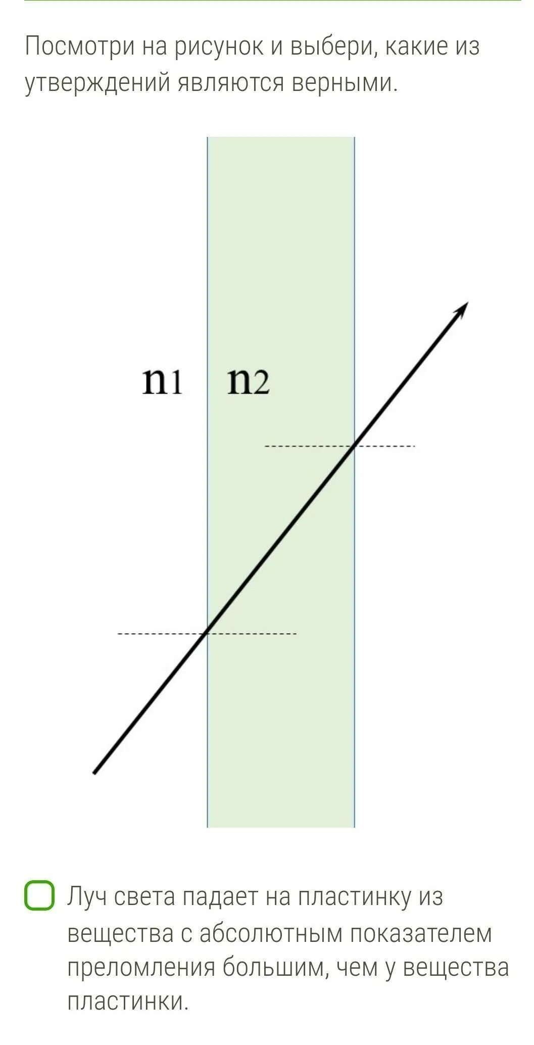 Какие из утверждений соответствуют рисунку. Луч света падает на пластинку из вещества. Посмотри на рисунок и выбери какие из утверждений являются верными. Показатели преломления света на пластинке. Луч света падает на пластину из вещества с показателем преломления.