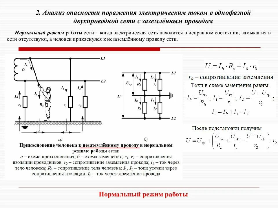 Заземление схема протекания тока. Схема заземления однофазная и двухпроводная. Схема протекания тока при однофазном замыкании на землю. Опасность трёхфазной электрической сети с заземлённой нейтралью