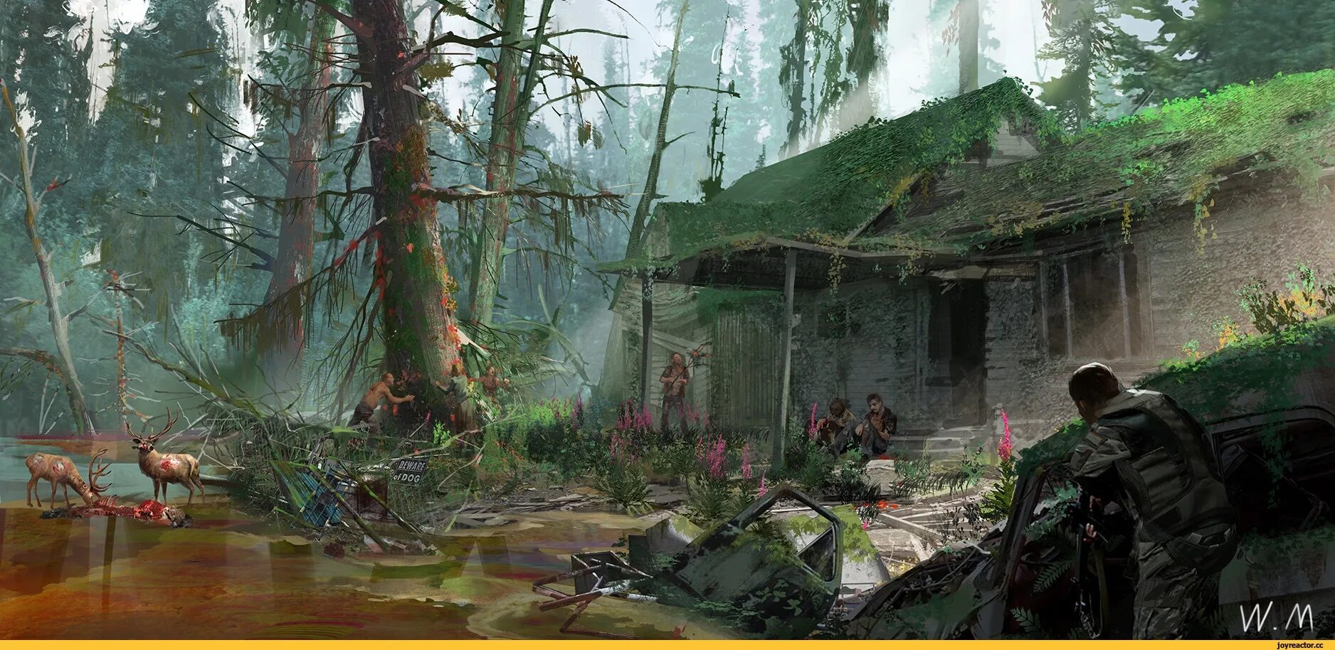 постапокалиптический лес. постапокалипсис лес. ходячие мертвецы в тумане. дом в лесу выживанию арт. зомби апокалипсис лес.