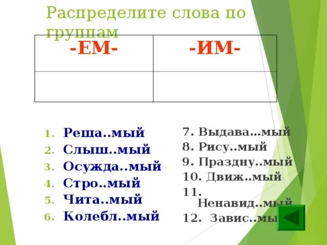 1 распиш шься обид вшийся. Распределить слова по группам. Распредилити слова по группа. Колебл..мый. Слова на мый.