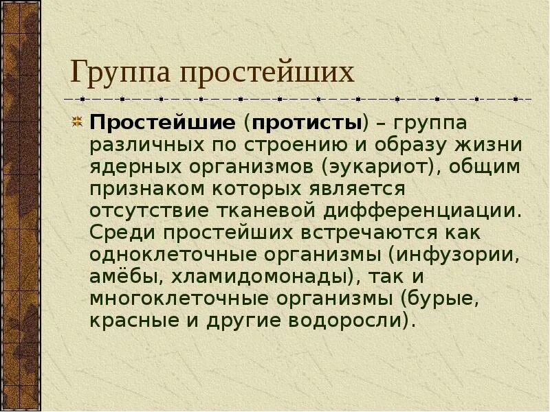 Представители группы простейших. Группы простейших. Отсутствие тканевой дифференциации.