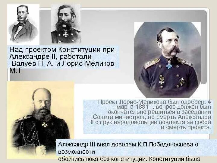 П А Валуев при Александре 2. Проект Лорис Меликова при Александре 2. Проект Лорис Меликова при Александре 3. Конституция Лорис Меликова при Александре 3. Люди при александре 2