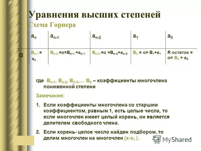 Алгоритм решения степеней. Уравнения высших степеней схема горнера. Решение уравнений четвертой степени по схеме горнера. Уравнения 3 степени по схеме горнера. Понижение степени по схеме горнера.