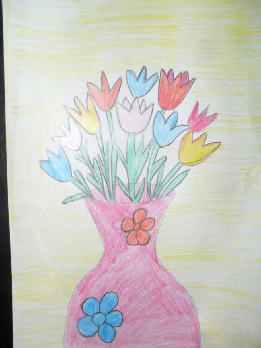 Натюрморт с цветами для детей. Детский рисунок весенний букет. Букет 2 класс. Рисунки гуашью. Рисование мятой бумагой.