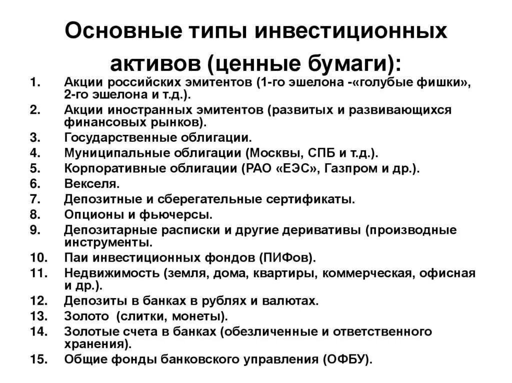 Основные инвестиционные активы