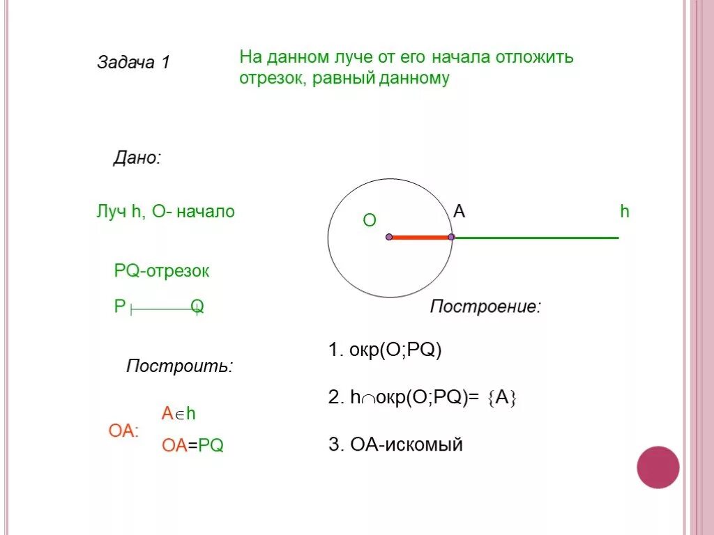 Построение отрезка равного данному задача. Задачи на построение отрезка равного данному. 1. Отложить на данном Луче от его начала отрезок, равный данному. Задача на данном Луче от его начала отложить отрезок равный данному. Построение отрезка равного данному.