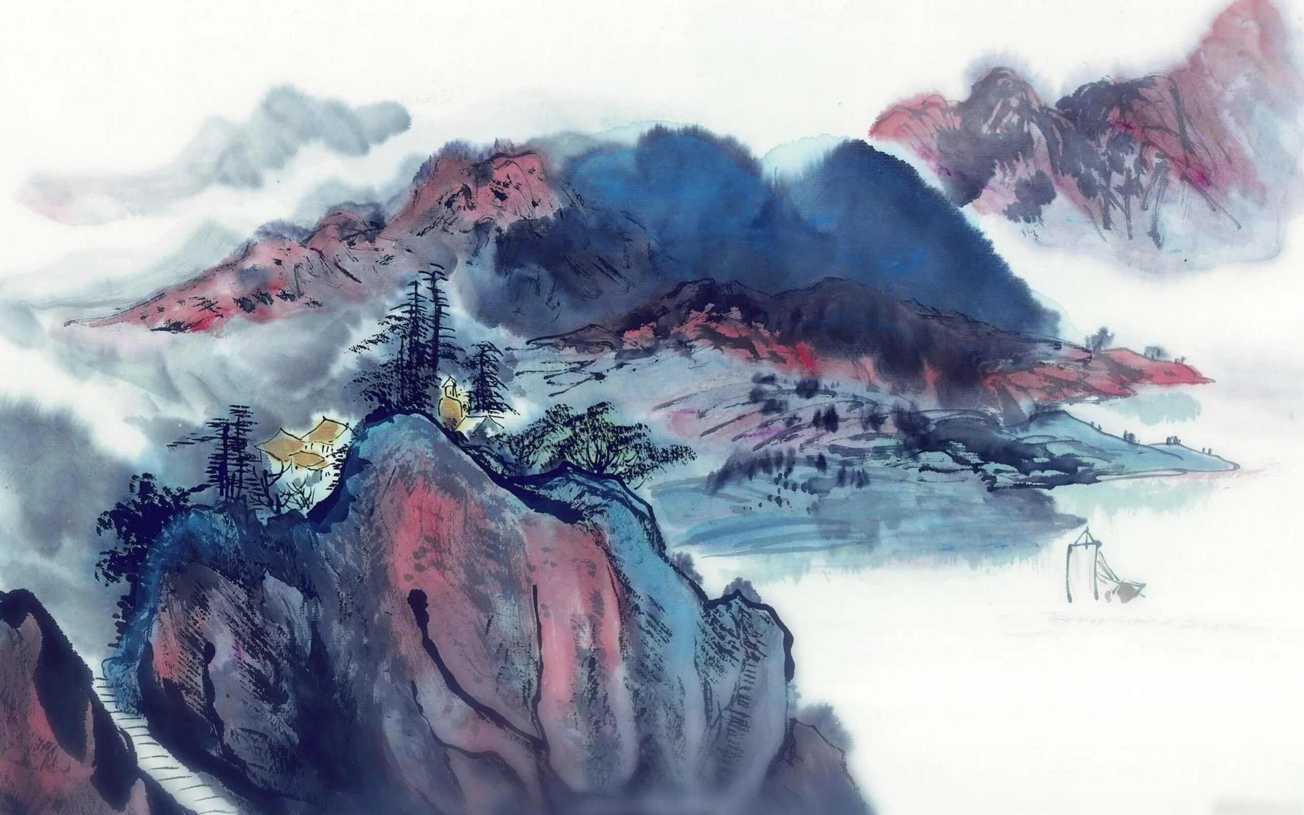 Китайские горы рисунок. Горы Хуаншань Китай акварель. Китайская Акварельная живопись горы. Китайская живопись гохуа пейзаж. Японская традиционная живопись гора Фудзи.