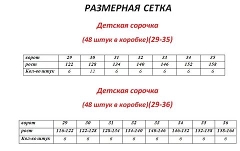 Размерная сетка рубашек