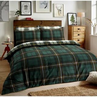 Brushed Cotton Reversible Flannel Duvet Quilt Cover Tartan Check Green Sing...