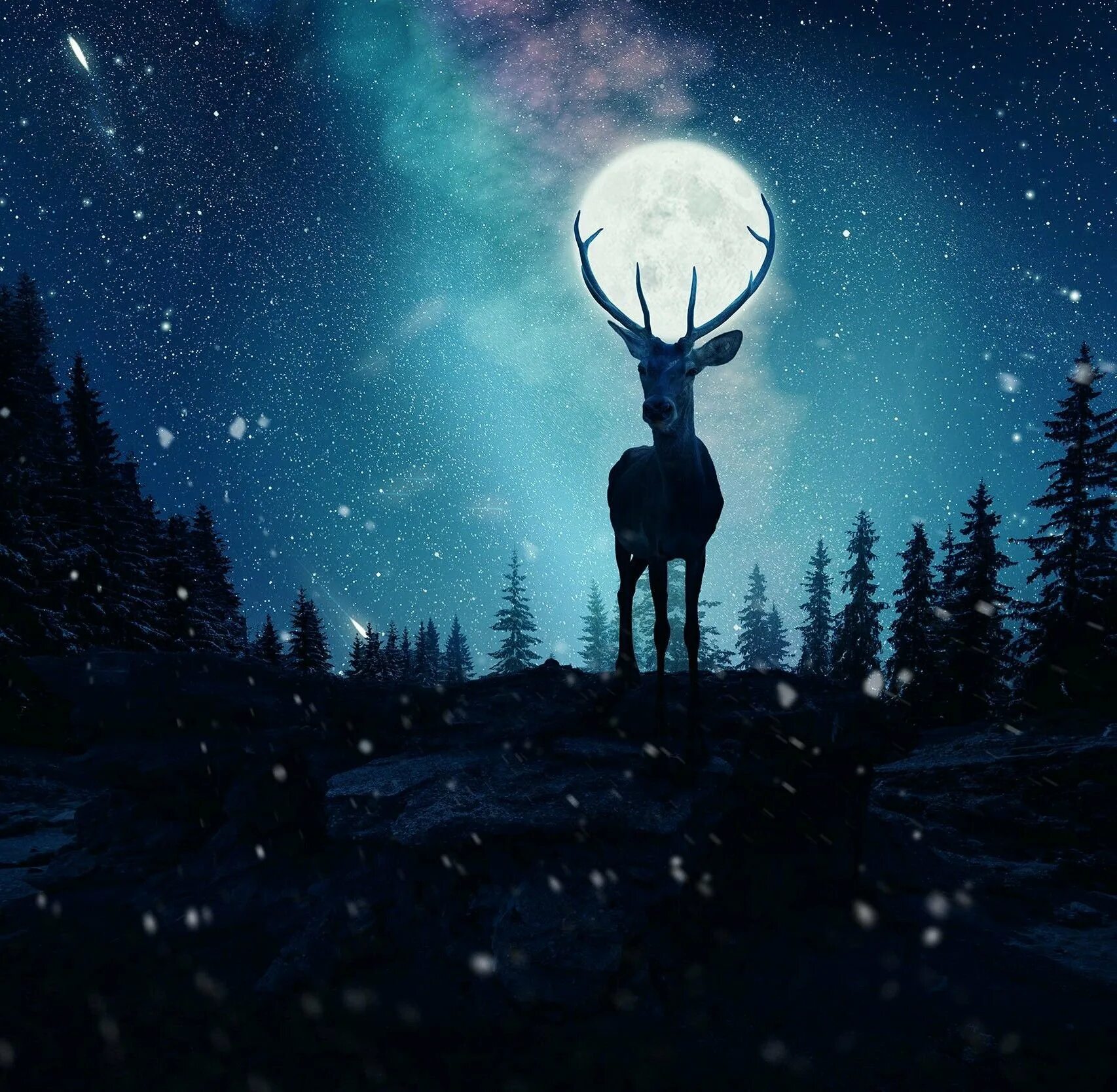 Ночь оленя. Олень и луна. олень ночью. олень космос. олень и звездное небо.