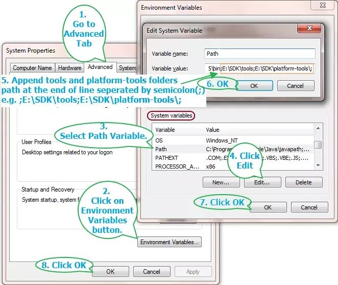 Edit the environment variables. Environment variables. path variable. environment variables button. environmental variables.