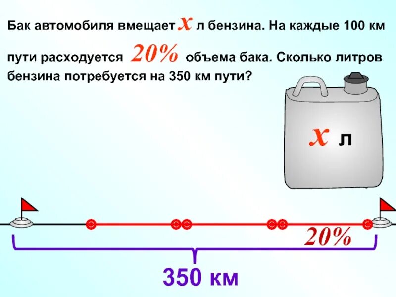 Бак автомобиля вмещает 80 л 15 процентов