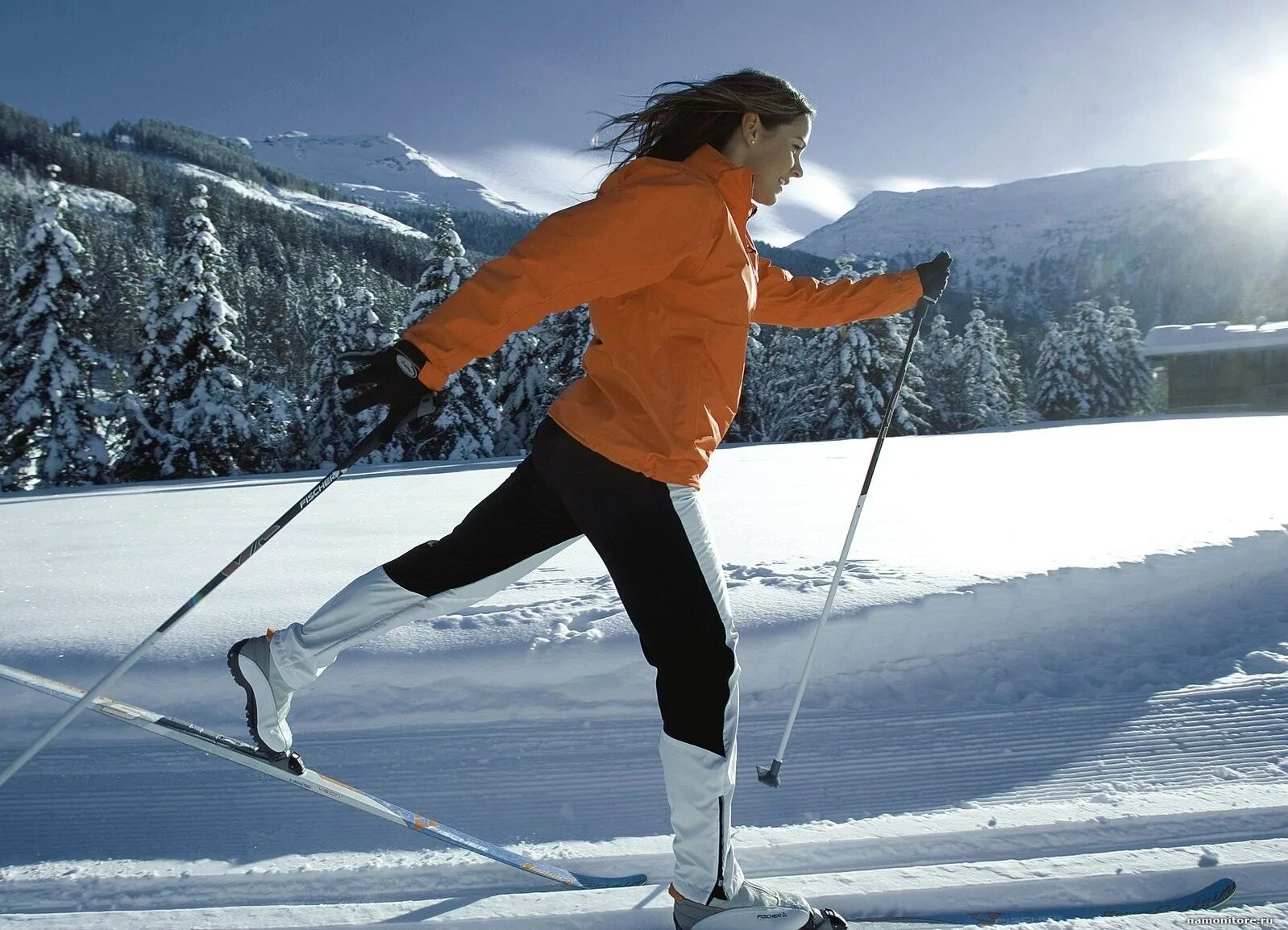 Катание на лыжах. Зимний спорт. Девушка на беговых лыжах. Ходьба на лыжах.