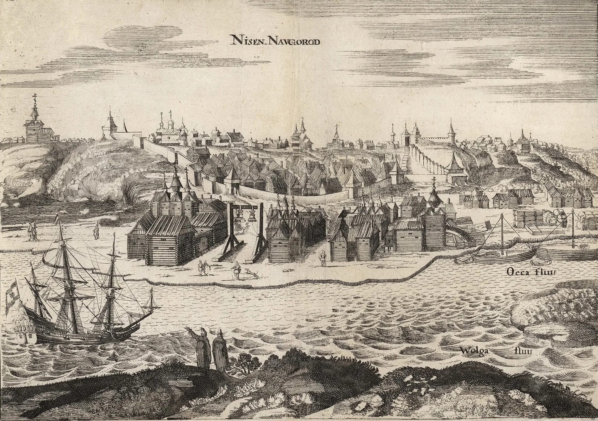 Гравюра Адама Олеария Кремль в 17 в. Нижний Новгород 13 век.